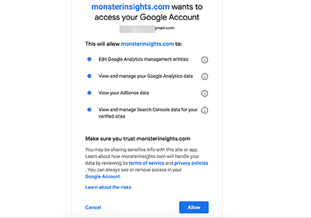 monsterinsights allow to access your GA acconut