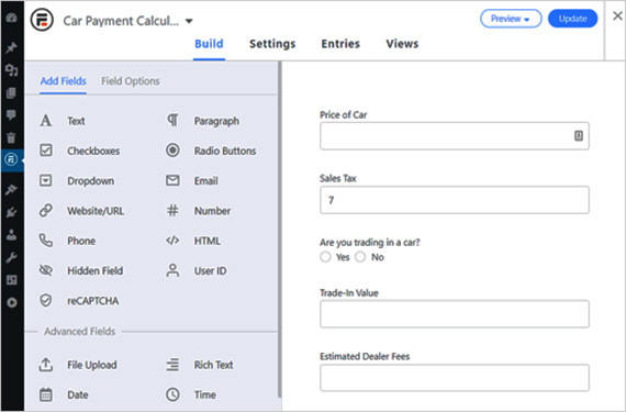 car payment calculator form builder in formidable