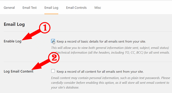 Enable email logs option