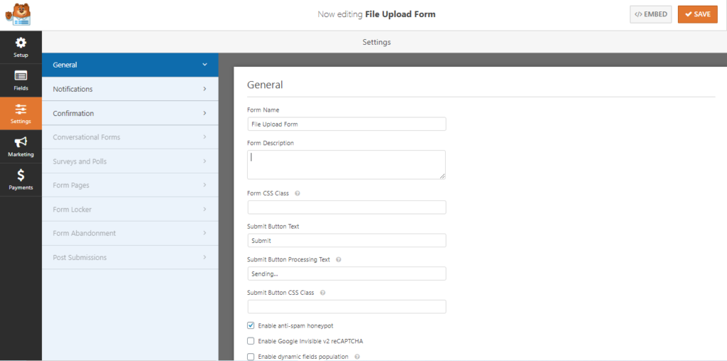 general setting for file upload form