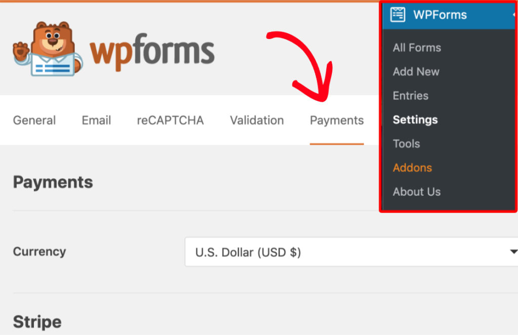 Open payments tab in wpforms setting