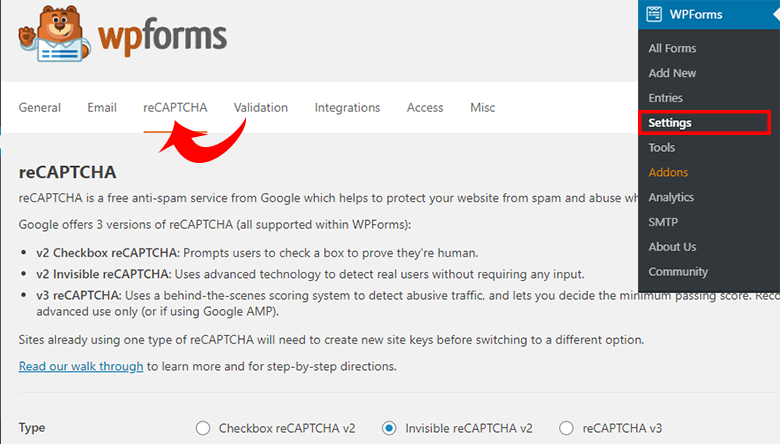 reCAPTCHA setting in WPForms