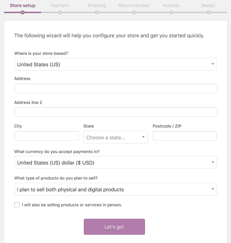 WooCommerce setup wizard