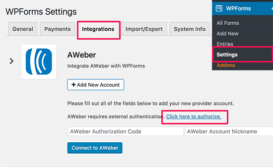 AWeber integrations with WPForms