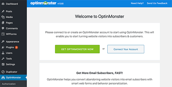 Connect your account with OptinMonster plugin