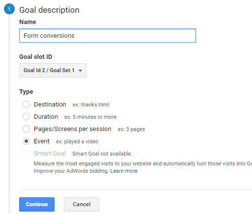 form conversion tracking setup as goal event