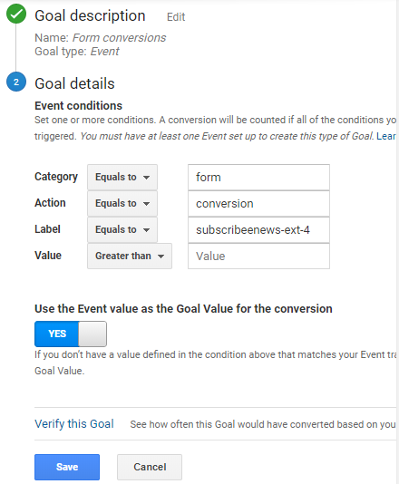 Goal's details in mi to track form conversion