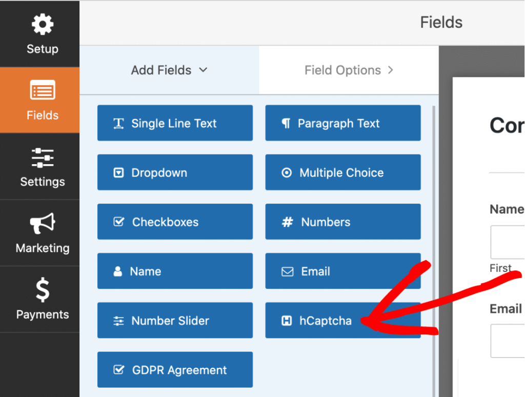 select hcaptcha field in wpforms