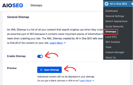 Enable sitemap in AIOSEO