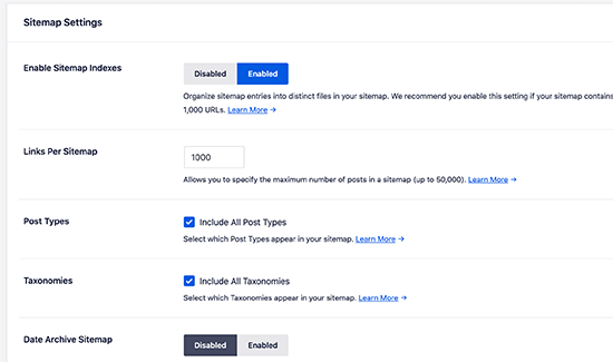 sitemap setttings