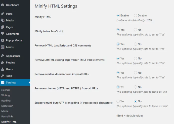 minify html settings