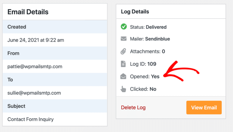 open wordpress email in email log