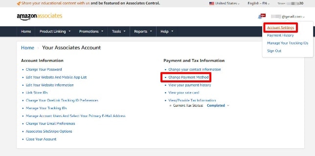 add payment method In amazon associate 