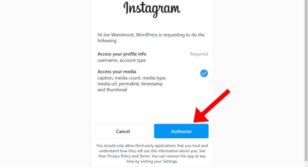 Authorize your Instagram account 