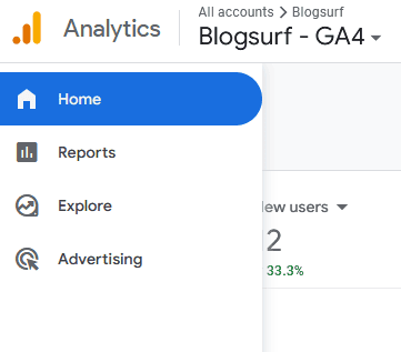 google analytics 4 home menu