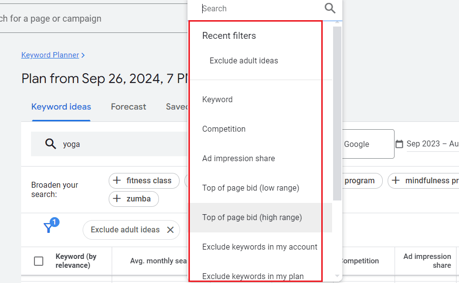 Filter your keyword in google keyword planner